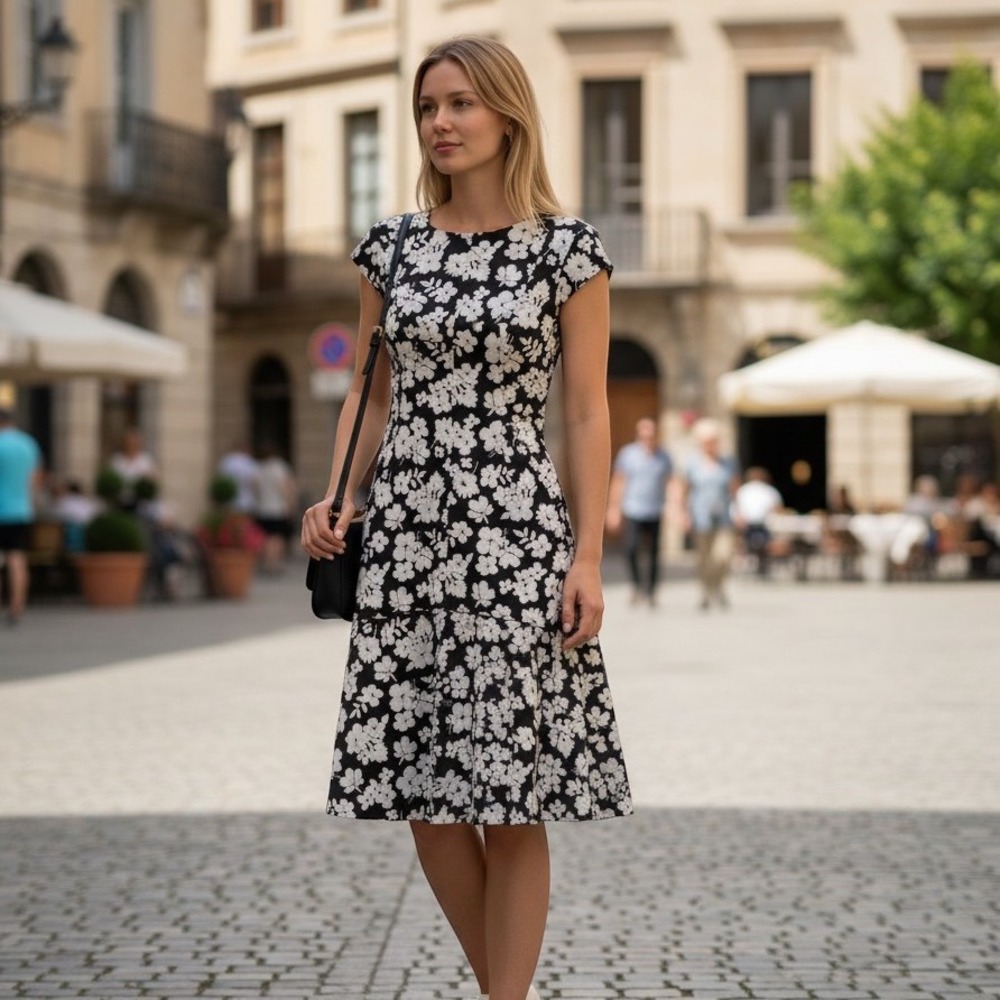 Tommy Hilfiger Women Black White Floral Jacquard Drop Waist Sheath Dress 10